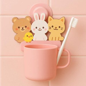 Cute Cartoon Animals Toothbrush Holder Suction Cup Wall Mounted Plastic Kids Bathroom Rinsing Cup Stand Pink