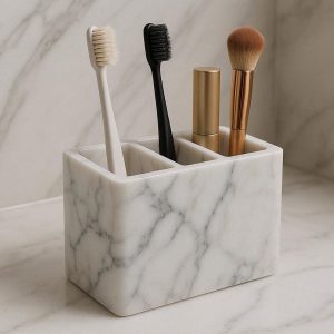 Marble Texture Resin Toothbrush Holder Deluxe Bathroom Vanity Countertop Storage Cup Multi Slot Cosmetic Organizer