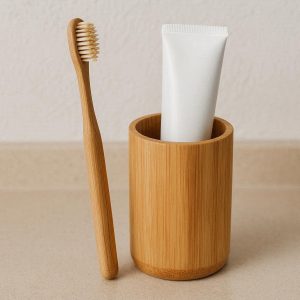 Bamboo Wood Toothbrush Holder Eco Friendly Natural Wooden Bathroom Countertop Tumbler Cup Toothpaste Storage Stand
