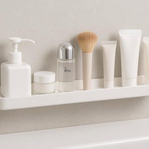 Slim Bathroom Floating Shelf Adhesive Plastic Wall Mounted Display Rack Simple Vanity Cosmetics Storage Holder White