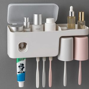 Wall Mounted Toothbrush Holder Automatic Toothpaste Dispenser Dustproof Cosmetic Storage Rack Bathroom Organizer Plastic