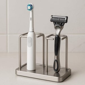 Stainless Steel Toothbrush Holder Minimalist Bathroom Countertop Organizer Stand For Electric Toothbrushes Shaving Razors