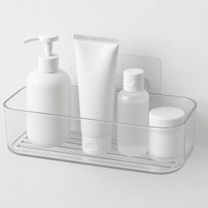 Simple Plastic Shower Caddy Adhesive Wall Mounted Bathroom Storage Shelf Minimalist Toiletries Organizer Basket Clear
