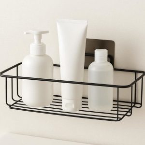 26 Minimalist Wire Shower Shelf Adhesive Bathroom Wall Mounted Storage Rack Simple Metal Toiletries Hanging Basket Black