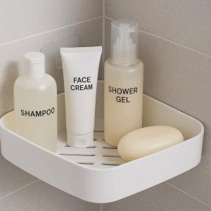 27 Compact Corner Shower Caddy Adhesive Triangular Bathroom Shelf Simple Plastic Toiletries Organizer Rack Space Saving