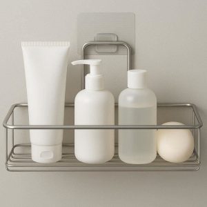 Simple Stainless Steel Shower Shelf No Drill Adhesive Wall Hanging Basket Minimalist Bathroom Toiletries Storage Rack